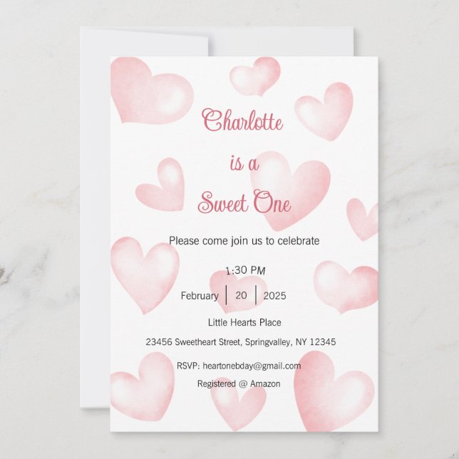 Sweet One Invitation, Sweetheart One Party, Heart Invitation (Front)