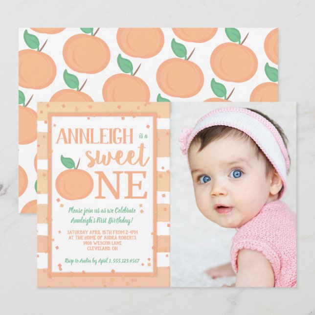 Sweet One Peach Theme Girls First Birthday Invitation (Front/Back)