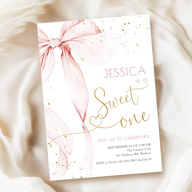 Sweet One Pink Bow 1st Birthday Invitation (Creator Uploaded)