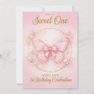 Sweet One Pink Butterfly 1st Birthday Girl Invitat Invitation