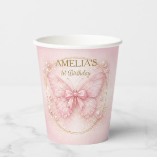 Sweet One Pink Butterfly 1st Birthday Girl Paper Cups