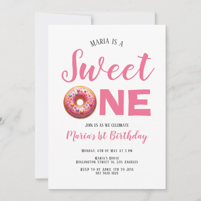 Sweet One Pink Donut 1er Invitation anniversaire (Devant)