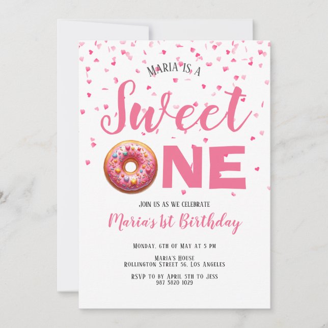 Sweet One Pink Doughnut Confetti 1st Birthday Invitation (Front)
