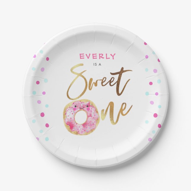 Sweet One Pink Doughnut Girl's Birthday Party Paper Plate (Front)