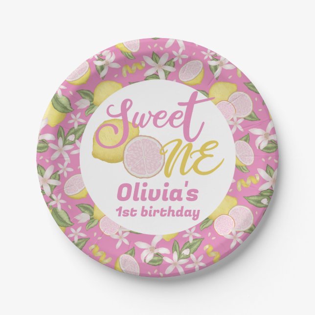 Sweet One Pink Lemon Birthday Party Paper Plates (Front)