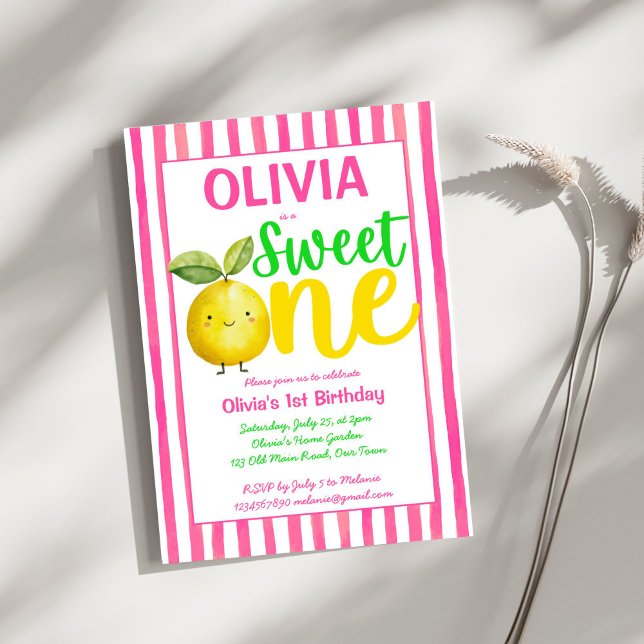 Sweet one pink lemonade birthday party invitation (Sweet one pink lemonade cute summer girls birthday party invitation template instant download)