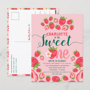 Sweet One Pink Strawberry Cute 1st Birthday Party Postcard