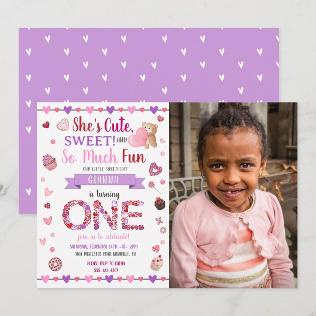 Sweet One Purple 1st Birthday Valentine's Photo Invitation (Front/Back)