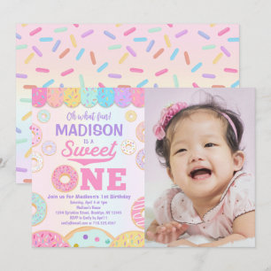 Sweet ONE Rainbow Doughnut 1st Birthday Photo Invitation