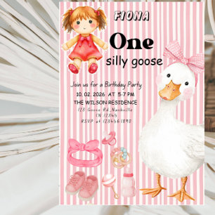 Sweet ONE Silly Goose Baby Girl 1st Birthday Party Invitation