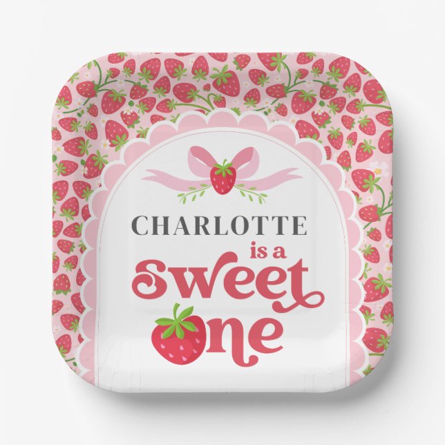 Sweet One Strawberry 1st Birthday 7" Square Paper Plate (Front)
