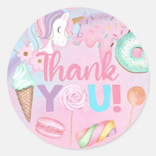 Sweet One Unicorn girl birthday thank you sticker. Classic Round Sticker (Front)