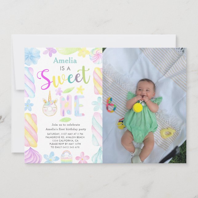 Sweet One Unicorn Sweets Photo 1st birthday Invitation (Front)