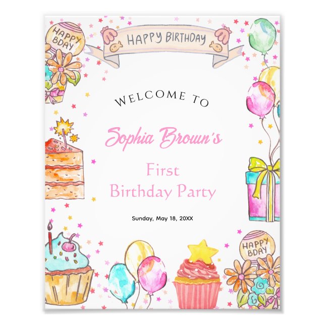 Sweet One Watercolor 1st Birthday Party Sign (Front)