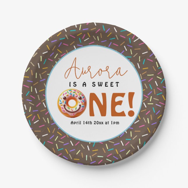 Sweet One watercolor cute doughnuts 1st birthday Paper Plate (Front)