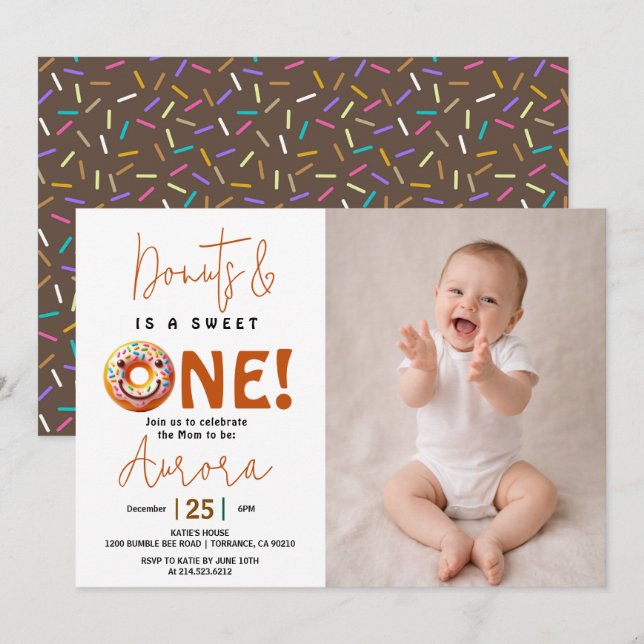  Sweet One watercolor donut 1st birthday Invitation (Front/Back)