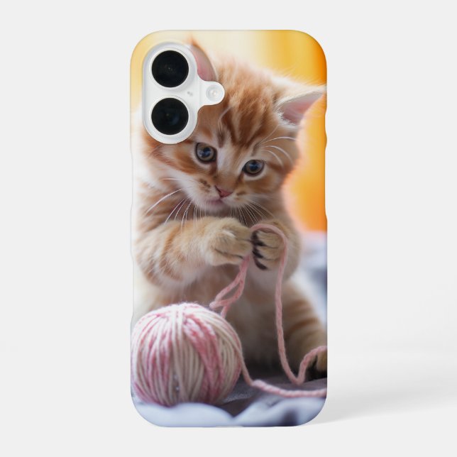 Sweet orange kitten playing with yarn iPhone 16 case (Back)