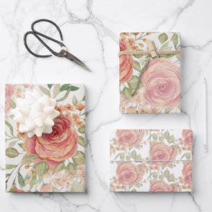 Sweet Orange Light And Blush Roses Watercolor Wrapping Paper Sheet