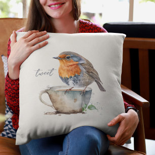 Sweet Orange Robin Teacup Watercolor Throw Pillow