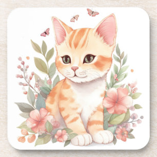 Sweet Orange Tabby Kitten with Flowers Watercolor Coaster