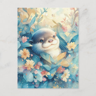 Sweet Otter in Blue Botanical Meadow Postcard