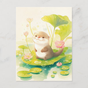 Sweet Otter on Giant Green Lily Pad Postcard