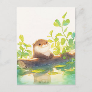 Sweet Otter Resting on Mossy River Log Postcard