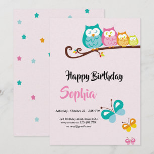 sweet owl and butterfly   birthday card