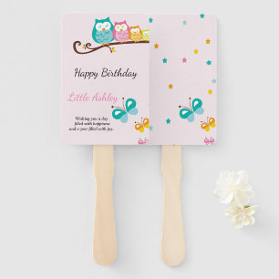 sweet owl and butterfly   birthday hand fan