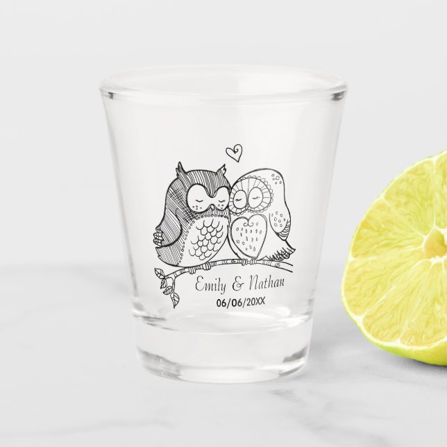 Sweet Owls in Love Romantic Custom Couples Shot Glass (Front)