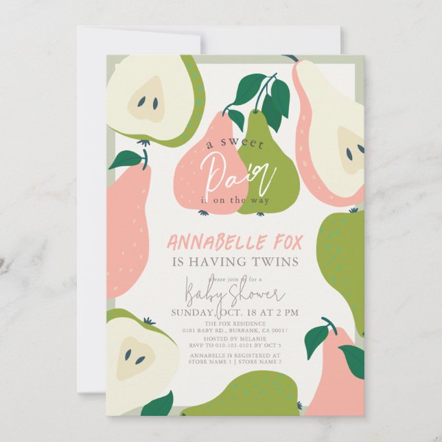 Sweet Pair Pink & Green Pear Twins Baby Shower Invitation (Front)