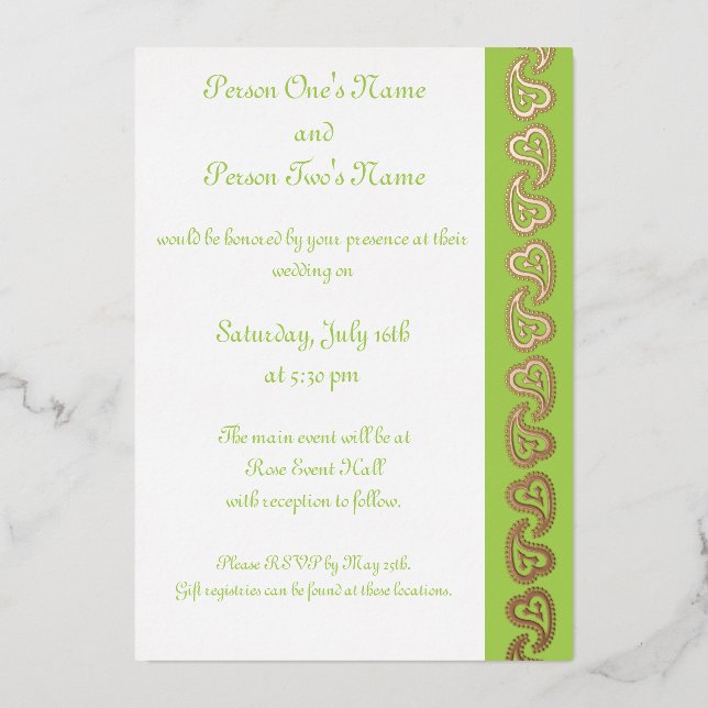 Sweet Paisley Hearts in Peridot Foil Invitation (Front)