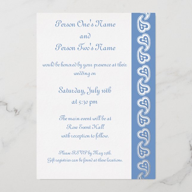Sweet Paisley Hearts in Periwinkle Foil Invitation (Front)