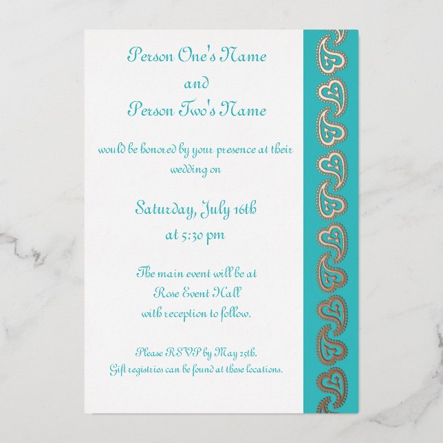 Sweet Paisley Hearts in Turquoise Foil Invitation (Front)