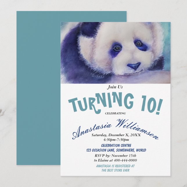 SWEET PANDA BEAR TURNING 10 BIRTHDAY PARTY INVITE (Front/Back)