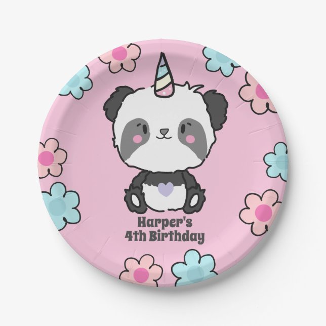 Sweet Panda Unicorn Girly Floral Personalized Pape Paper Plate (Front)