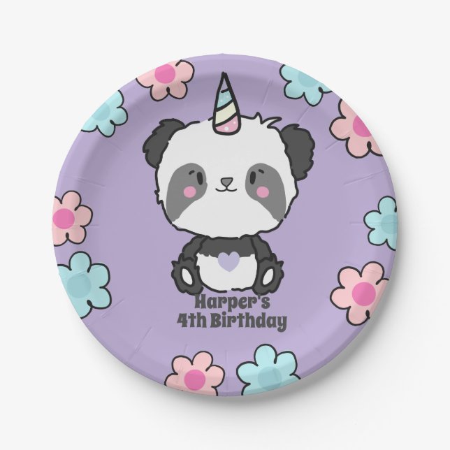 Sweet Panda Unicorn Girly Floral Personalized Paper Plate (Front)