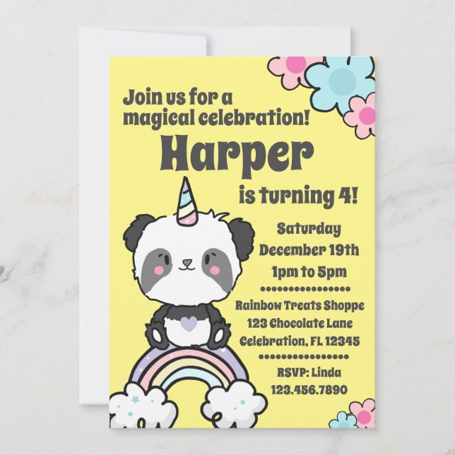 Sweet Panda Unicorn Girly  Invitation (Front)