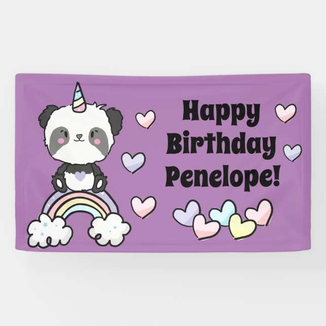 Sweet Panda Unicorn Rainbow Hearts Birthday Banner (Horizontal)