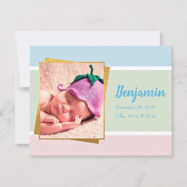 Sweet Pastel Baby Boy Photo Birth Record Stat Card (Front)