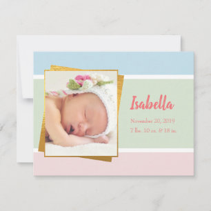 Sweet Pastel Baby Girl Photo Birth Record Stat Card