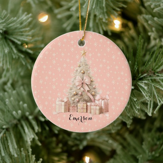 Sweet Pastel Blush Pink Snowflake & Christmas Tree Ceramic Ornament (Tree)