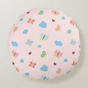 Sweet Pastel Butterflies & Ladybugs Pattern Round Pillow