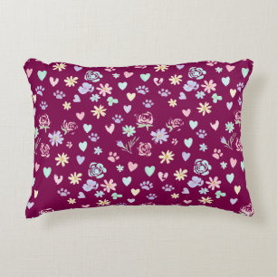 Sweet Pastel Floral Hearts and Paw Print Pattern  Accent Pillow