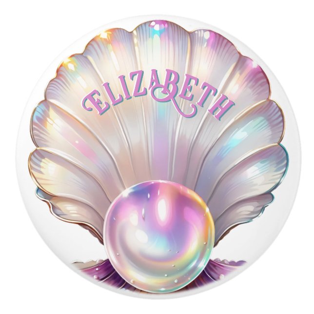 Sweet Pastel Iridescent Pearl Seashell Ceramic Knob (Front)