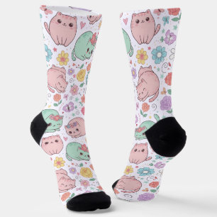 Sweet Pastel Kawaii Cat and Spring Floral Pattern  Socks