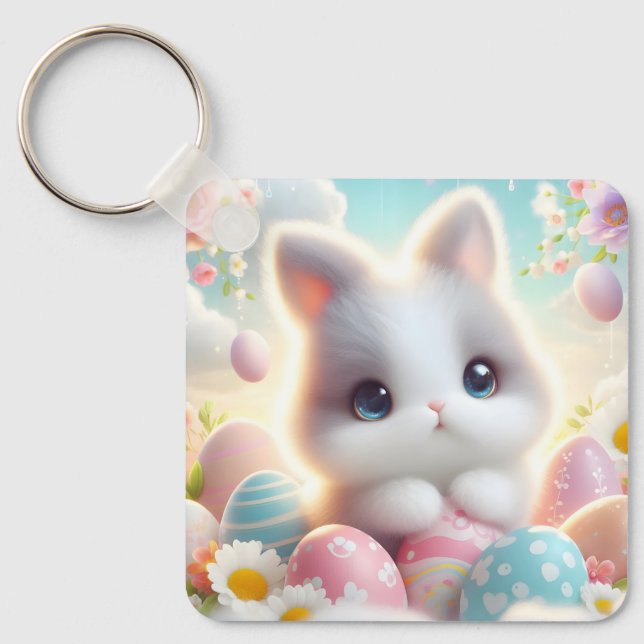 Sweet Pastel Kawaii Kitten Easter Eggs Keychain (Front)