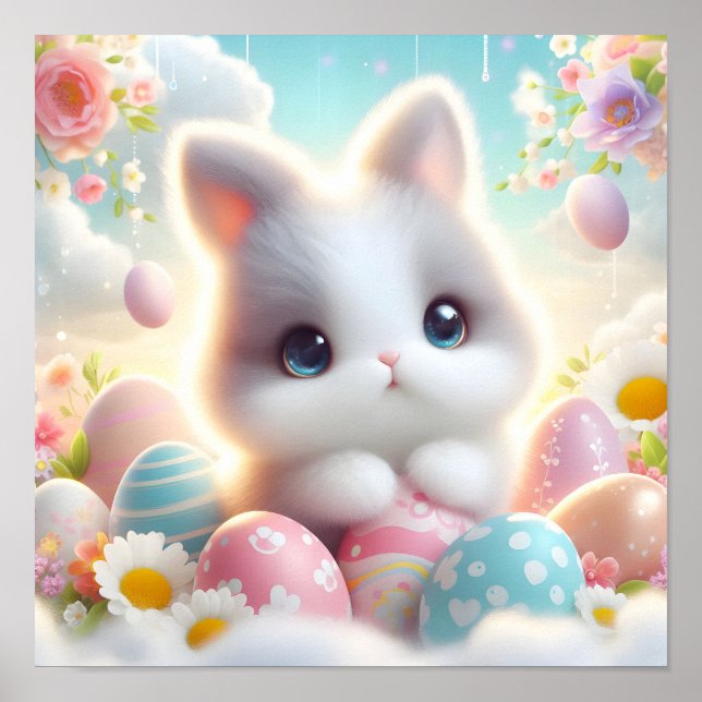Sweet Pastel Kawaii Kitten Easter Eggs Poster (Front)