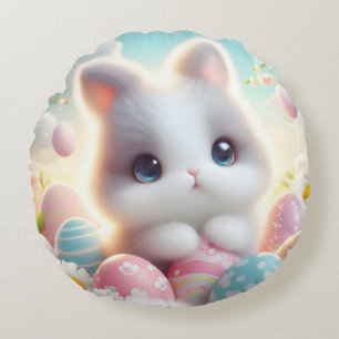 Sweet Pastel Kawaii Kitten Easter Eggs Round Pillow