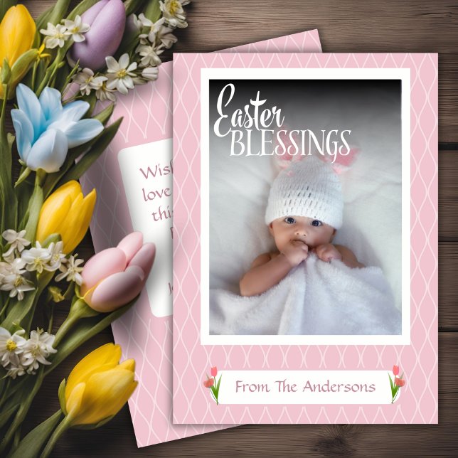 Sweet Pastel Pink Easter Blessings Custom Photo Holiday Card (Sweet Pastel Pink Easter Blessings Custom Photo Holiday Card)